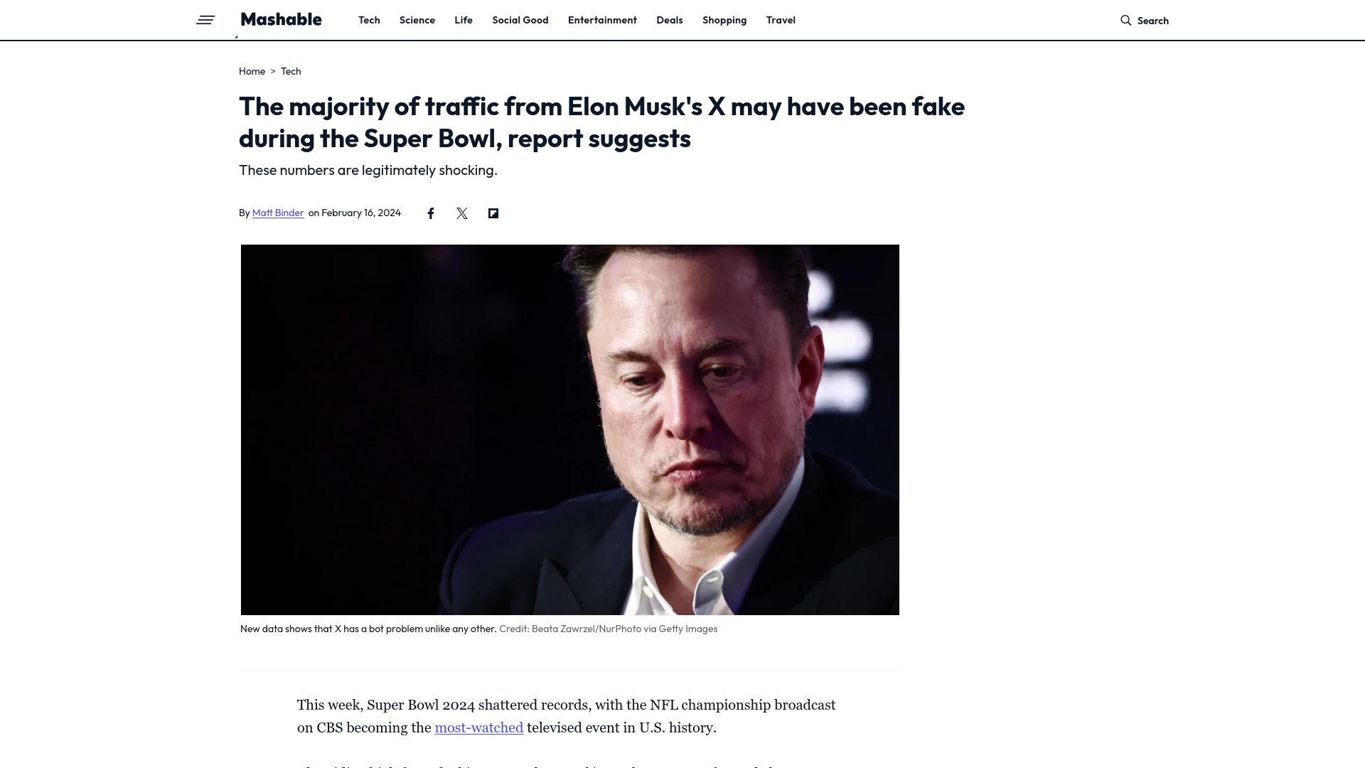Screenshot of mashable.com: The majority of traffic from X may have been fake during the Super Bowl
