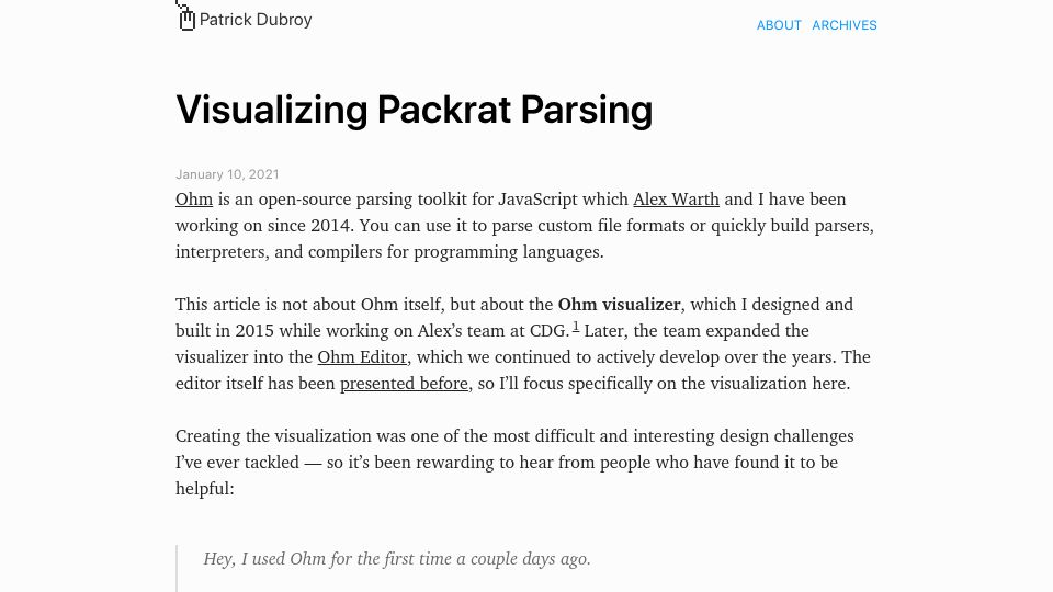 Screenshot of dubroy.com: Visualizing Packrat Parsing (2021)