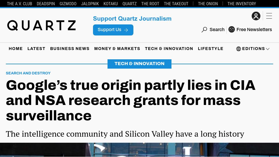 Screenshot of qz.com: Google's origin partly lies in CIA and NSA research grants for mass surveillance