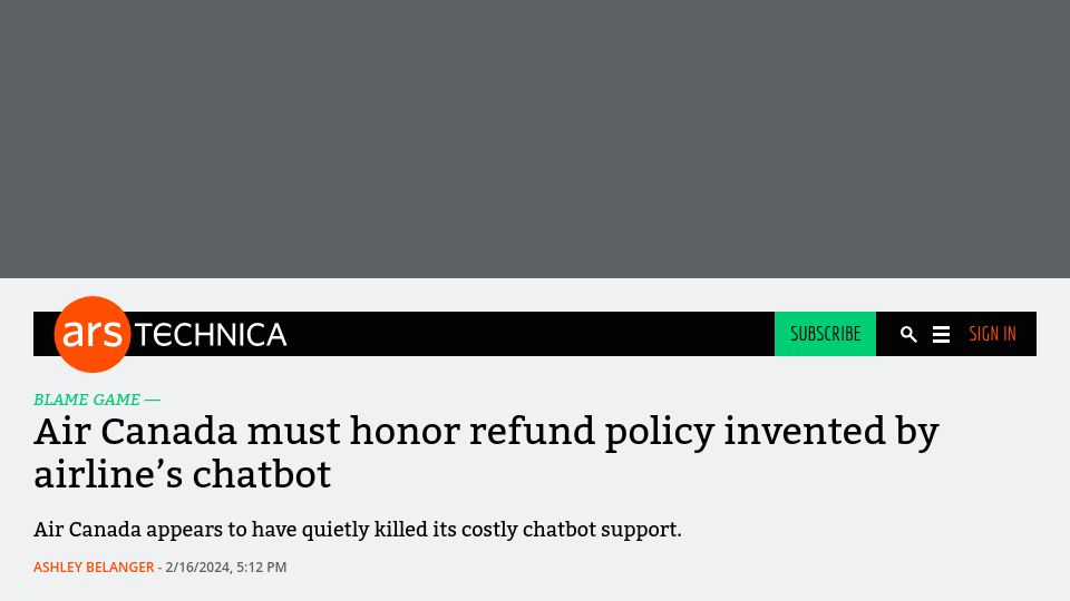 Screenshot of arstechnica.com: Air Canada must honor refund policy invented by airline's chatbot