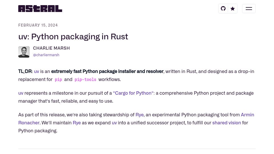 Screenshot of astral.sh: Uv: Python packaging in Rust