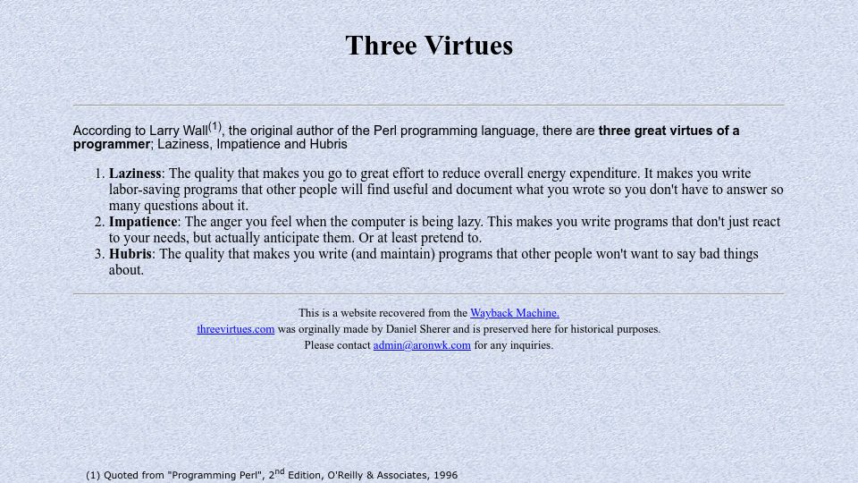 Screenshot of thethreevirtues.com: Three virtues of a great programmer