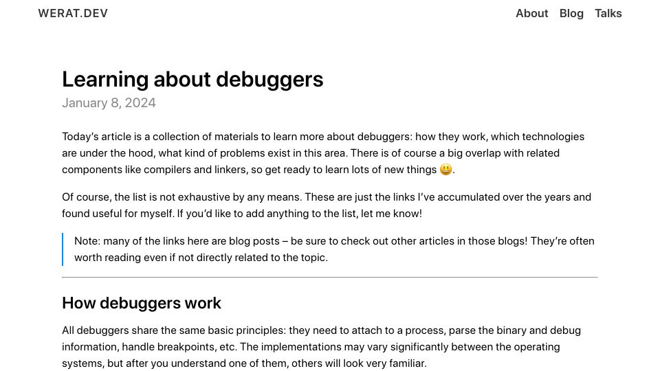 Screenshot of werat.dev: Learning about Debuggers