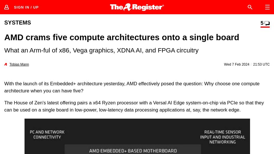 Screenshot of theregister.com: AMD crams five compute architectures onto a single board