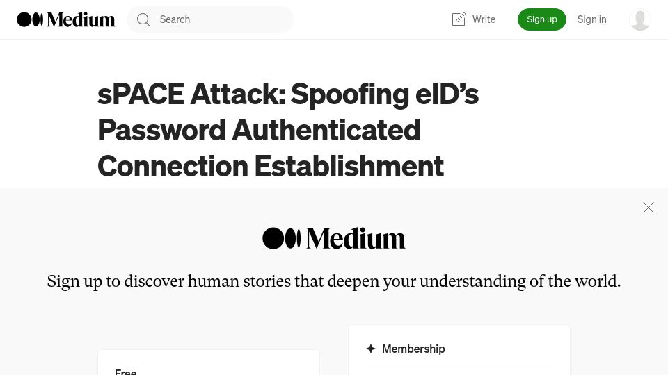 Screenshot of ctrlalt.medium.com: sPACE Attack: Spoofing eID’s Password Authenticated Connection Establishment
