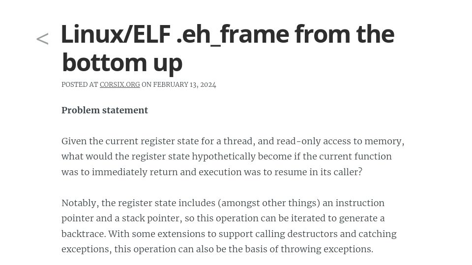 Screenshot of corsix.org: Linux/ELF .eh_frame from the bottom up