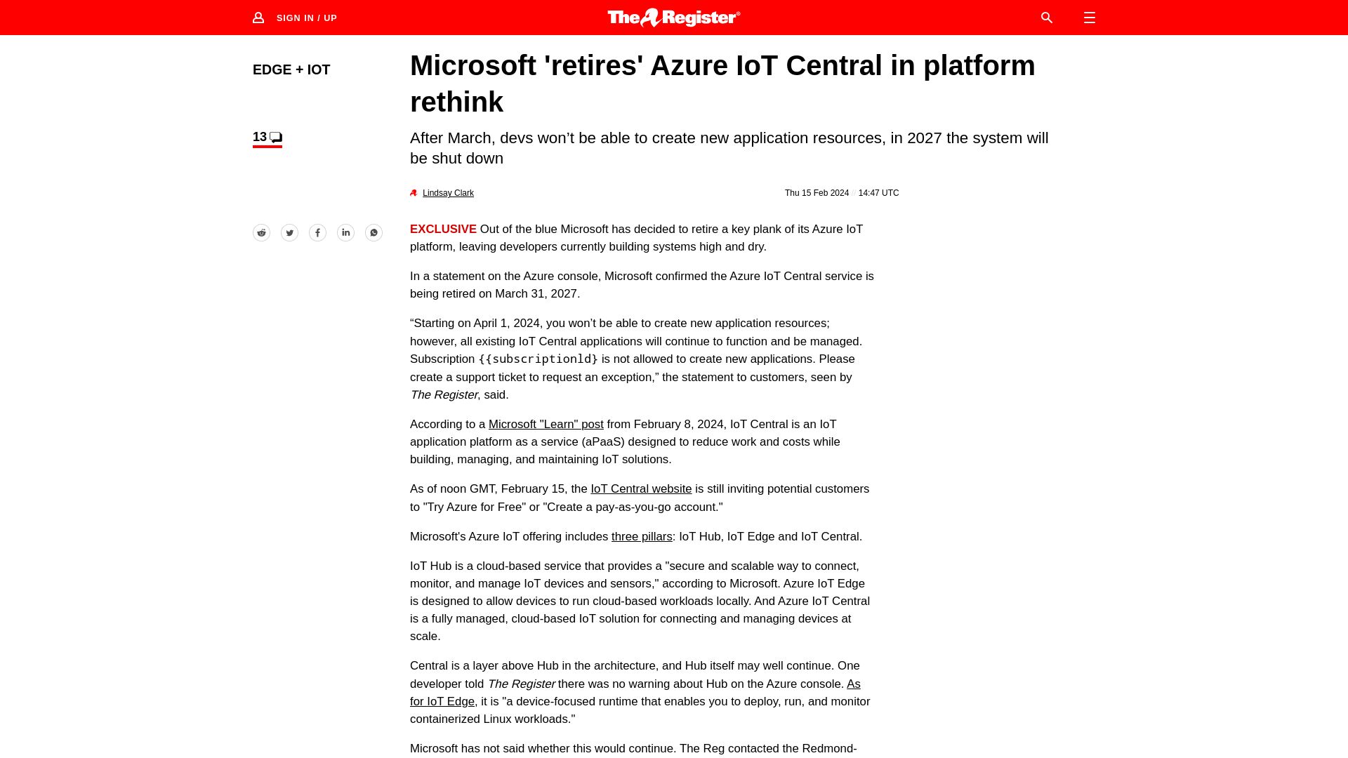 Screenshot of theregister.com: Microsoft 'retires' Azure IoT Central in platform rethink