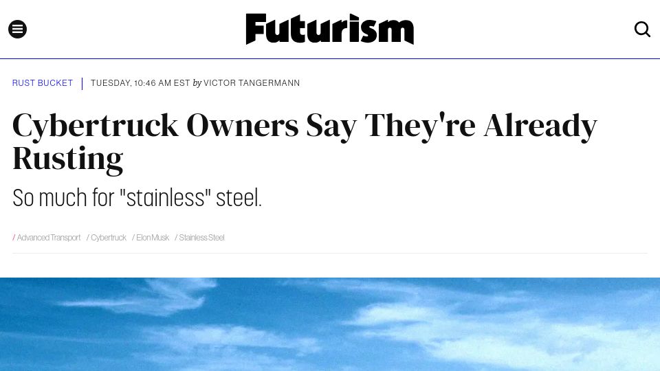 Screenshot of futurism.com: Cybertruck owners say they're already rusting