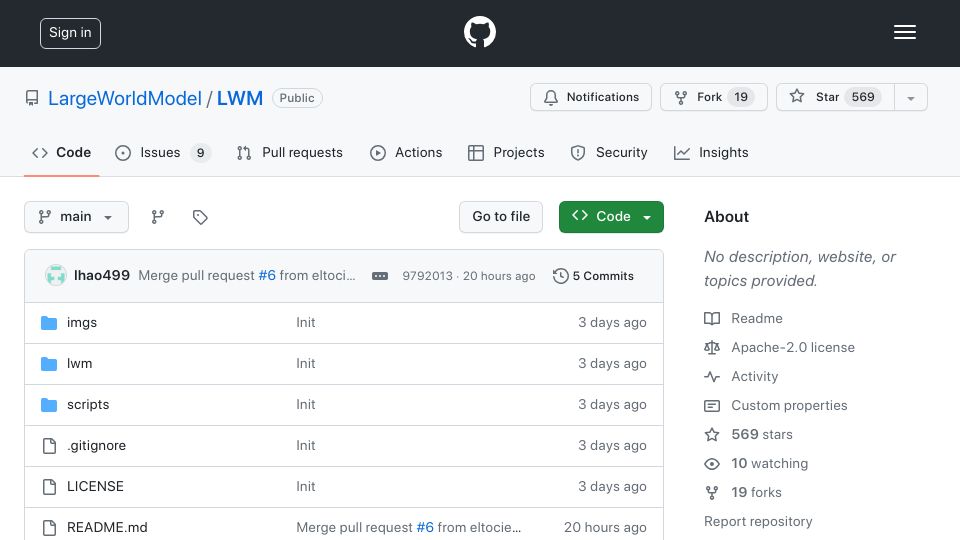 Screenshot of github.com: LWM – Open LLM with 1M Tokens Context Window