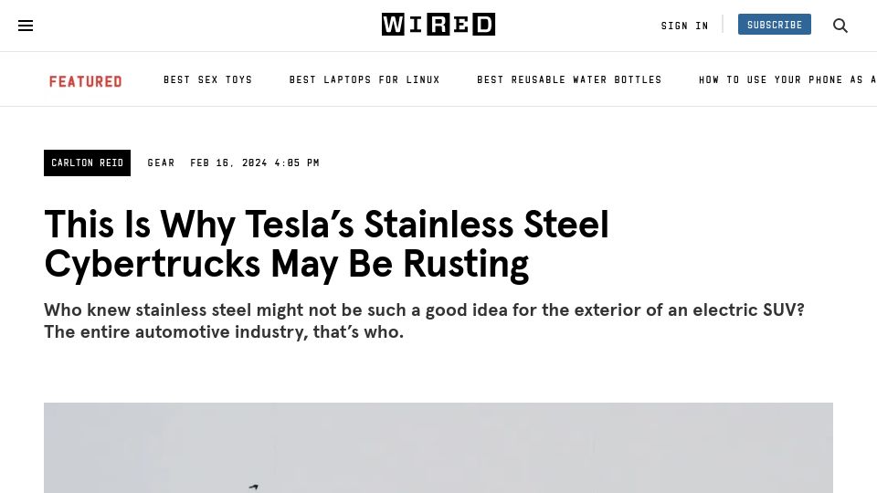 Screenshot of wired.com: Why Tesla's Stainless Steel Cybertrucks May Be Rusting