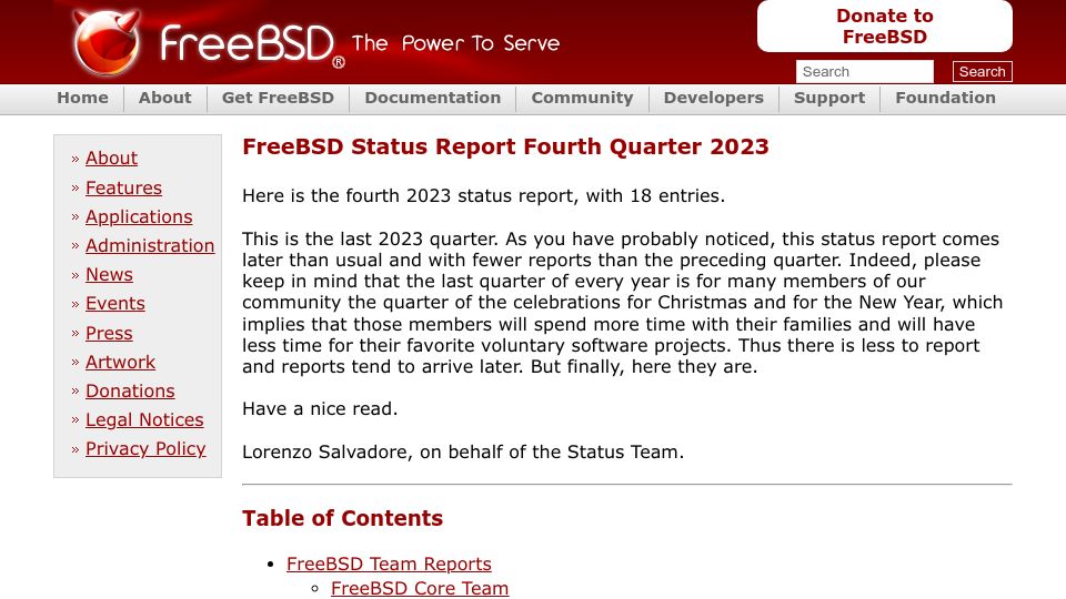 Screenshot of freebsd.org: FreeBSD Status Report 2023 Q4