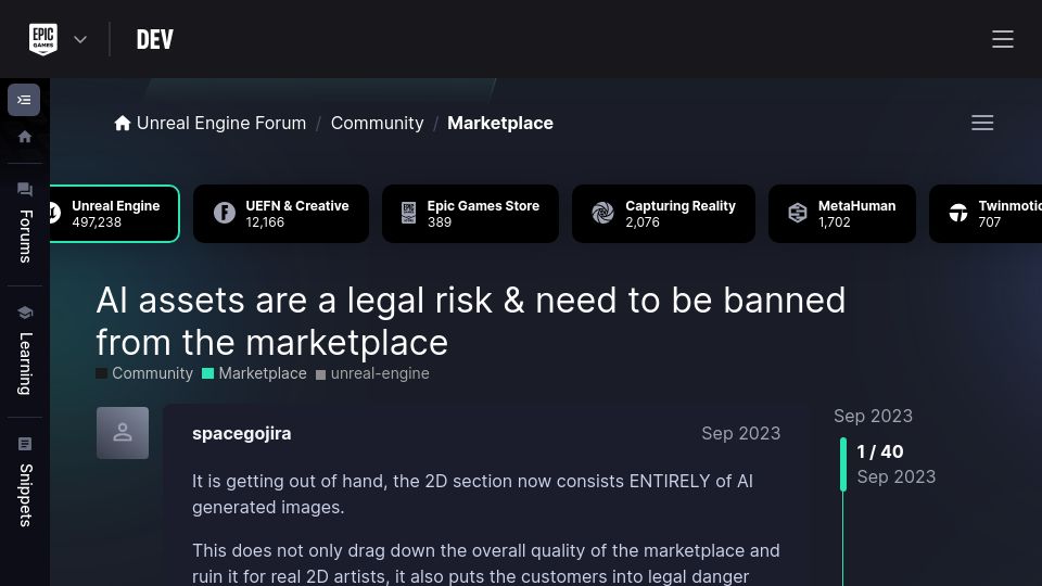 Screenshot of forums.unrealengine.com: AI assets are a legal risk and need to be banned from the marketplace