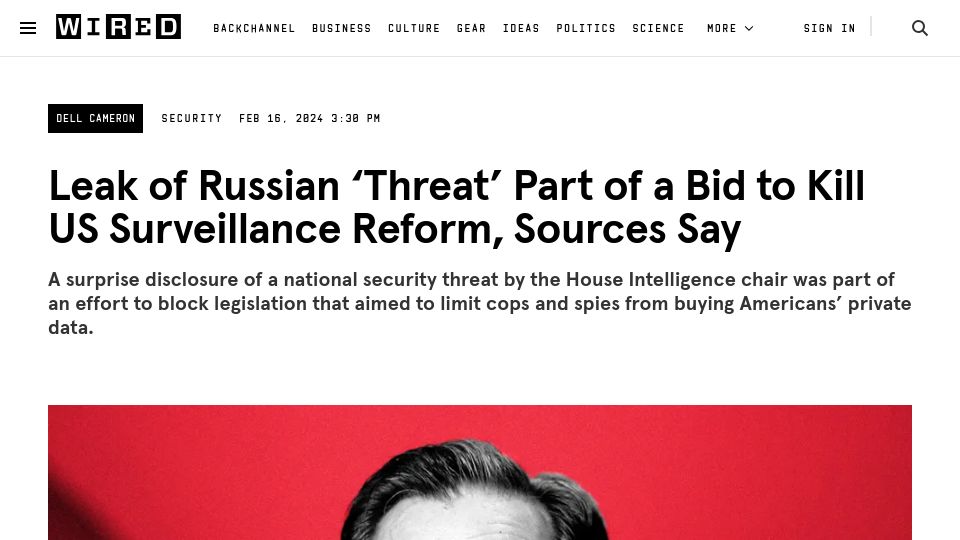 Screenshot of wired.com: Leak of Russian 'Threat' Part of a Bid to Kill US Surveillance Reform, Sources