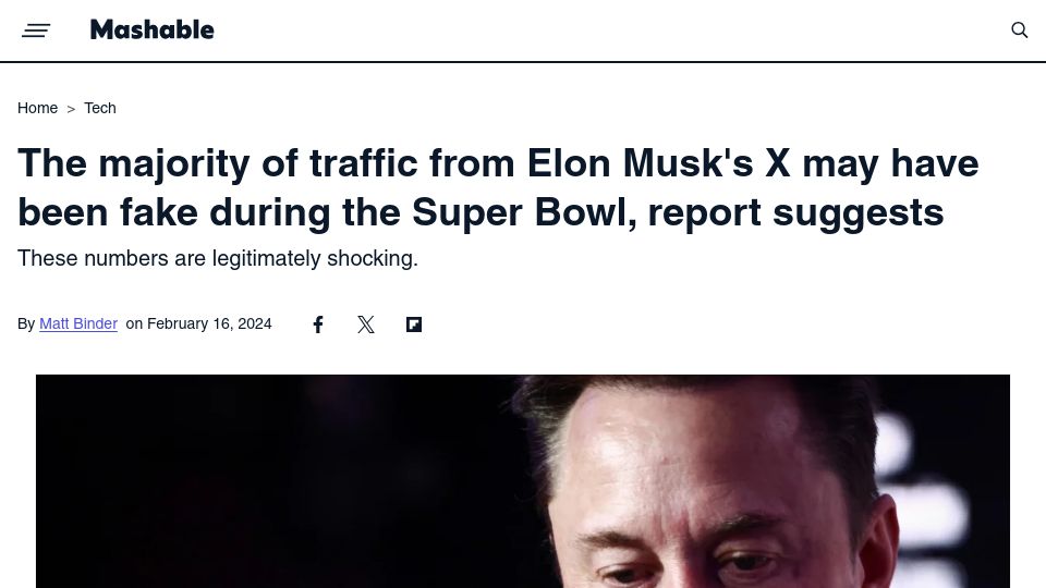 Screenshot of mashable.com: The majority of traffic from X may have been fake during the Super Bowl