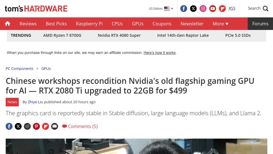 Screenshot of tomshardware.com: Nvidia GeForce RTX 2080 Ti with 22GB Memory Appears on eBay for USD500