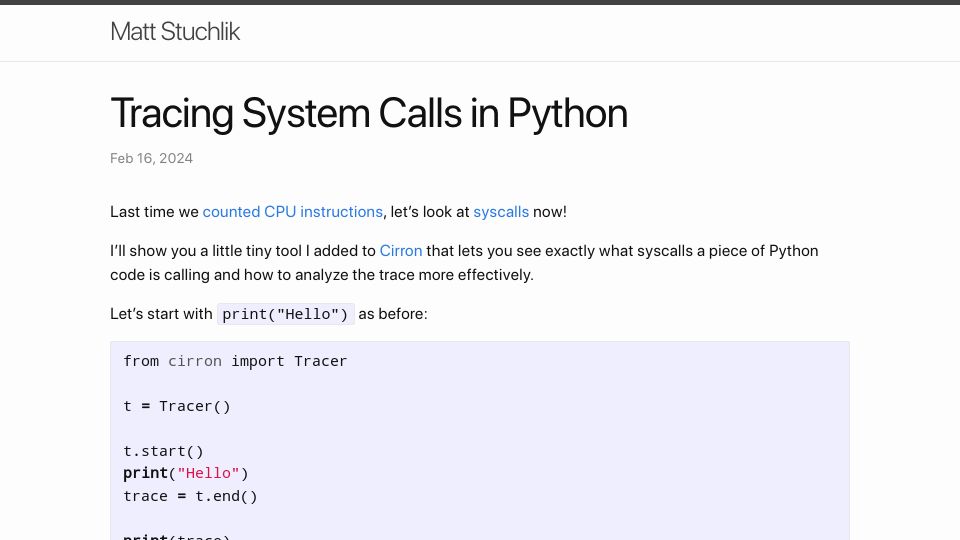Screenshot of blog.mattstuchlik.com: Recording and visualising the 20k system calls it takes to "import seaborn"