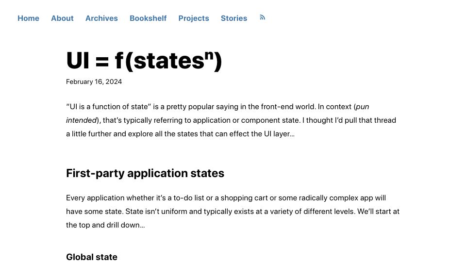 Screenshot of daverupert.com: UI = f(statesⁿ)