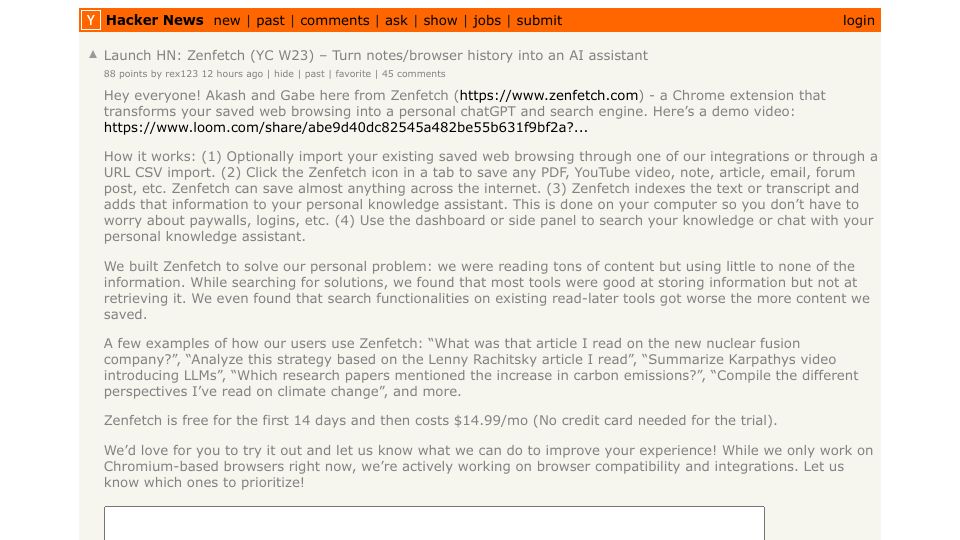 Screenshot of Hacker News post: Launch HN: Zenfetch (YC W23) – Turn notes/browser history into an AI assistant