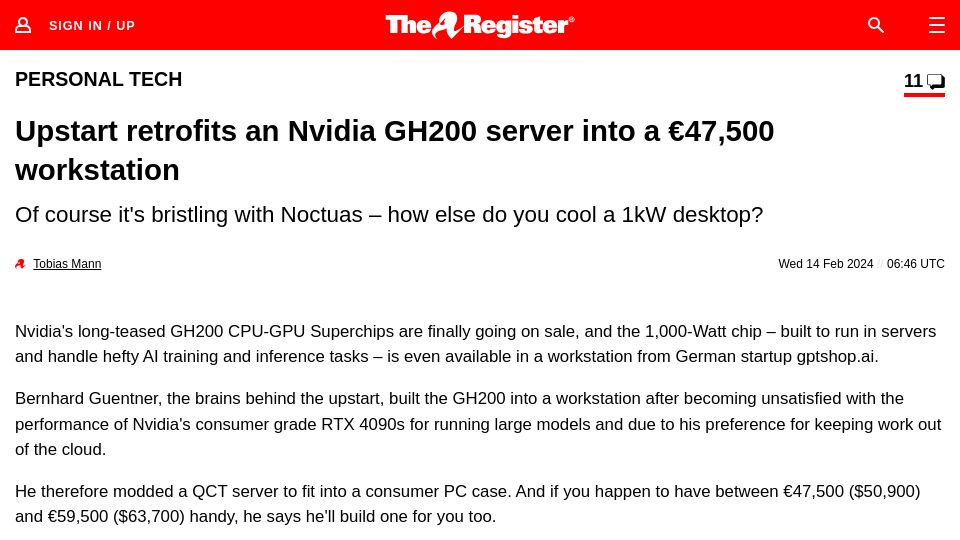 Screenshot of theregister.com: Upstart retrofits an Nvidia GH200 server into a workstation