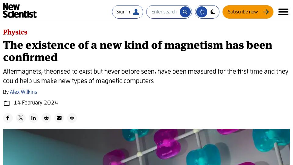 Screenshot of newscientist.com: The existence of a new kind of magnet has been confirmed