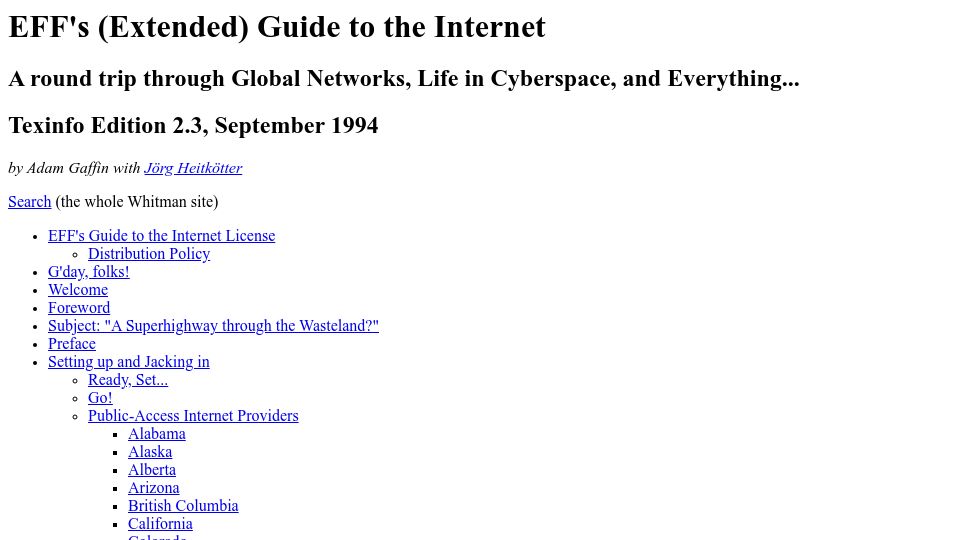Screenshot of whitman.edu: EFF's (Extended) Guide to the Internet circa 1994