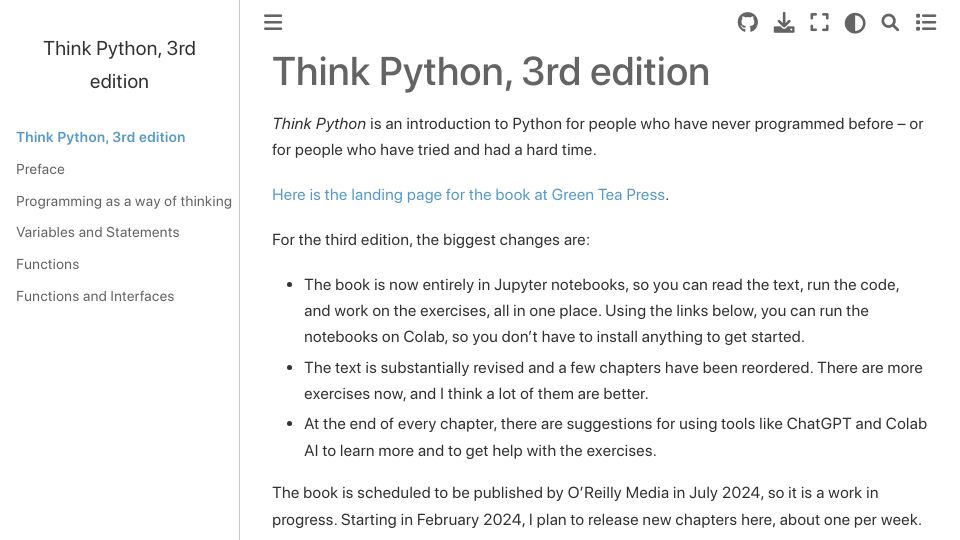 Screenshot of allendowney.github.io: Think Python, 3rd Edition