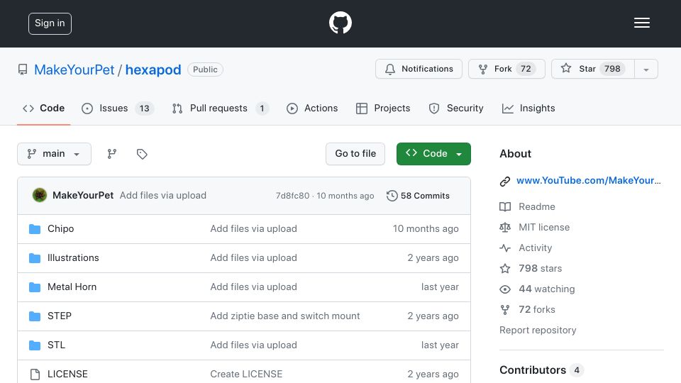 Screenshot of github.com: Build your own 3D printed Hexapod