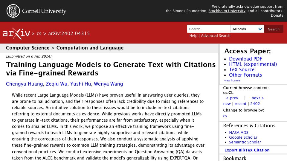 Screenshot of arxiv.org: Training LLMs to generate text with citations via fine-grained rewards