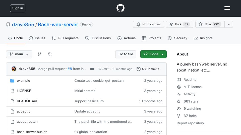 Screenshot of github.com: Pure Bash Web Server