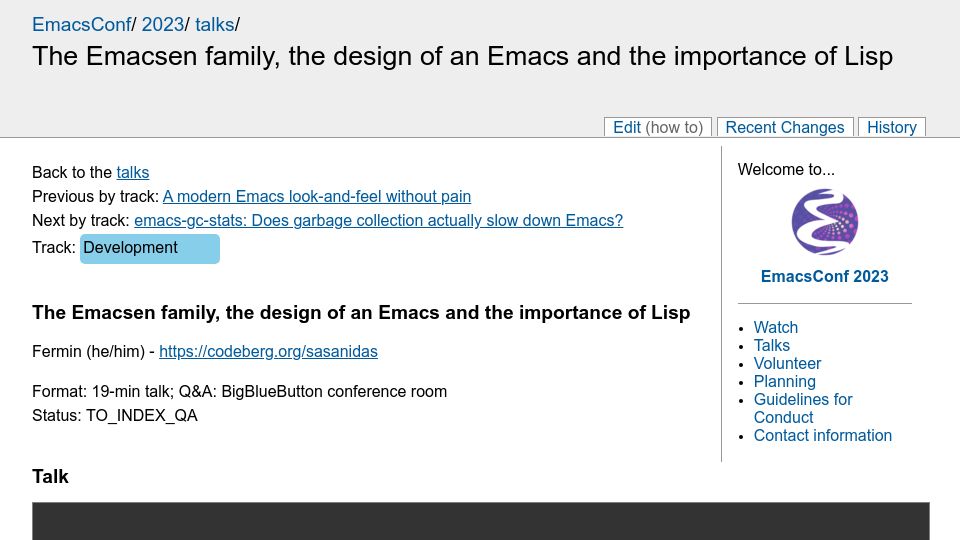 Screenshot of emacsconf.org: The Emacsen family, the design of an Emacs and the importance of Lisp (2023)