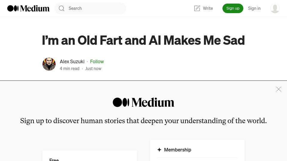 Screenshot of medium.com: I'm an Old Fart and AI Makes Me Sad