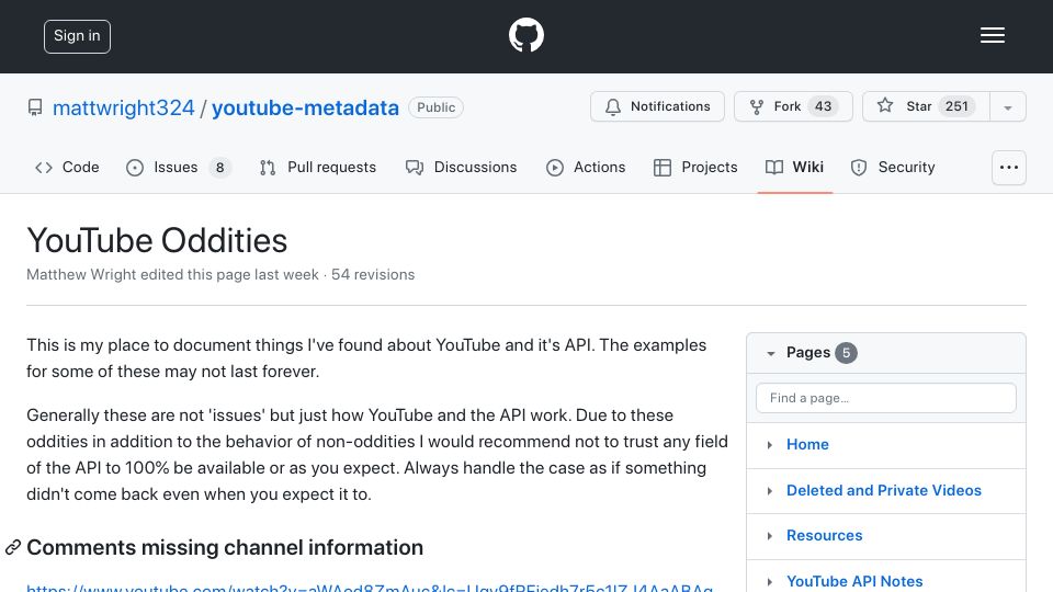 Screenshot of github.com: YouTube Oddities