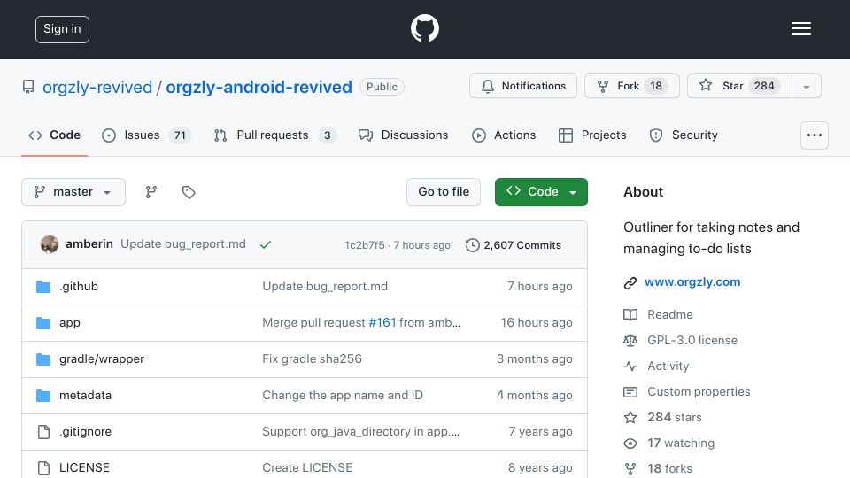 Screenshot of github.com: Orgzly Revived: a community-maintained version of Orgzly