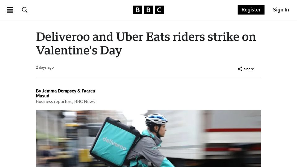 Screenshot of bbc.co.uk: Deliveroo and Uber Eats Riders Strike on Valentine's Day