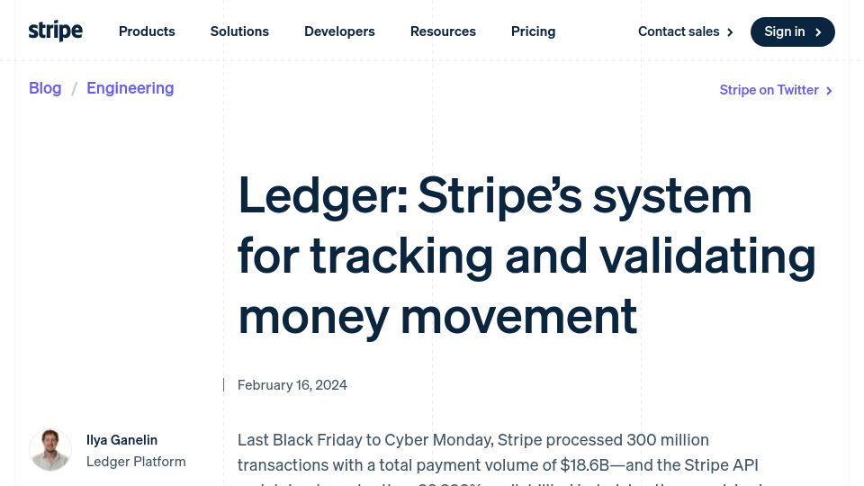 Screenshot of stripe.com: Ledger: Stripe's system for tracking and validating money movement