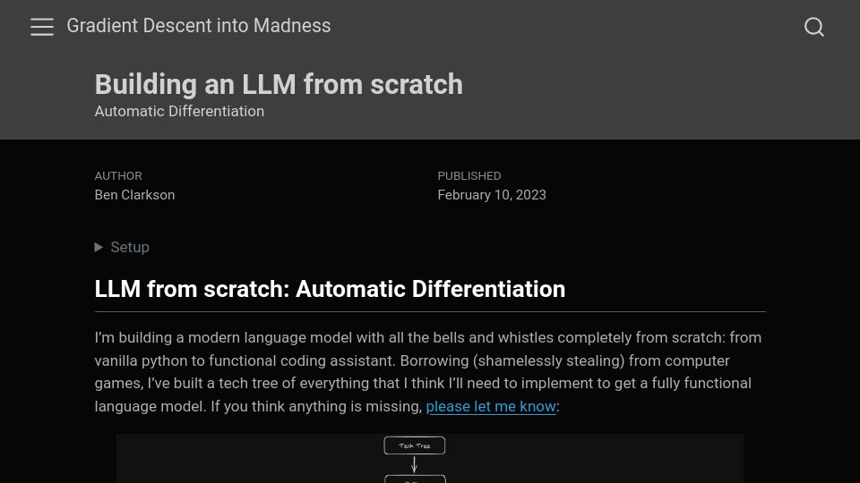 Screenshot of bclarkson-code.github.io: Building an LLM from Scratch: Automatic Differentiation (2023)