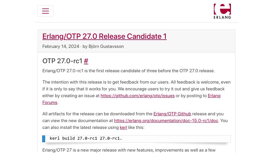 Screenshot of erlang.org: Erlang/OTP 27.0 Release Candidate 1