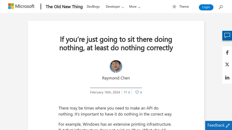 Screenshot of devblogs.microsoft.com: If you're just going to sit there doing nothing, at least do nothing correctly