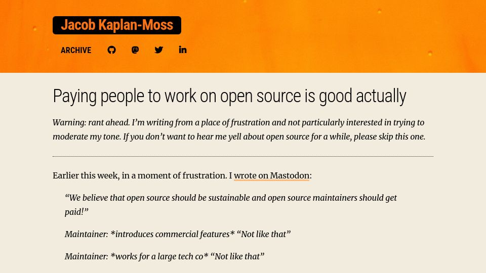 Screenshot of jacobian.org: Paying people to work on open source is good