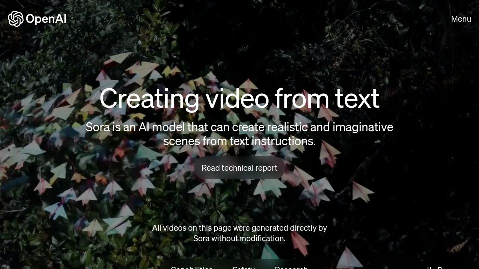 Screenshot of openai.com: Sora: Creating video from text