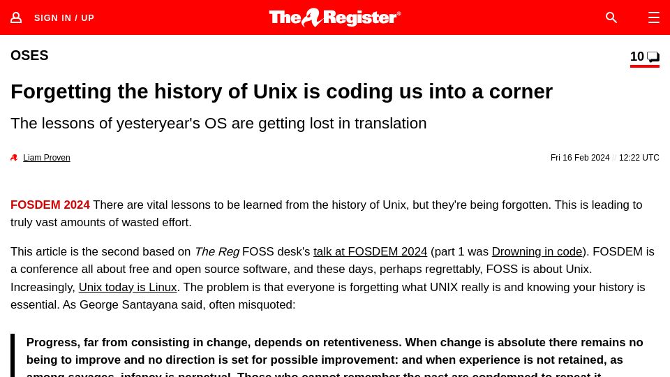 Screenshot of theregister.com: Forgetting the history of Unix is coding us into a corner