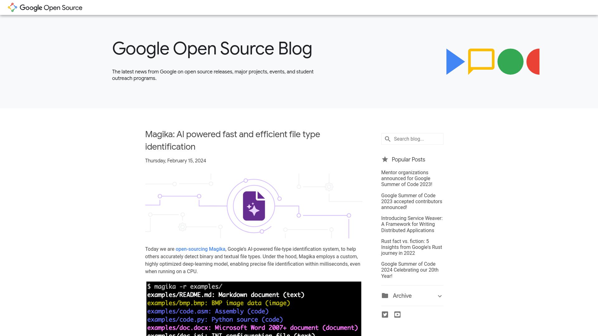Screenshot of opensource.googleblog.com: Magika: AI powered fast and efficient file type identification