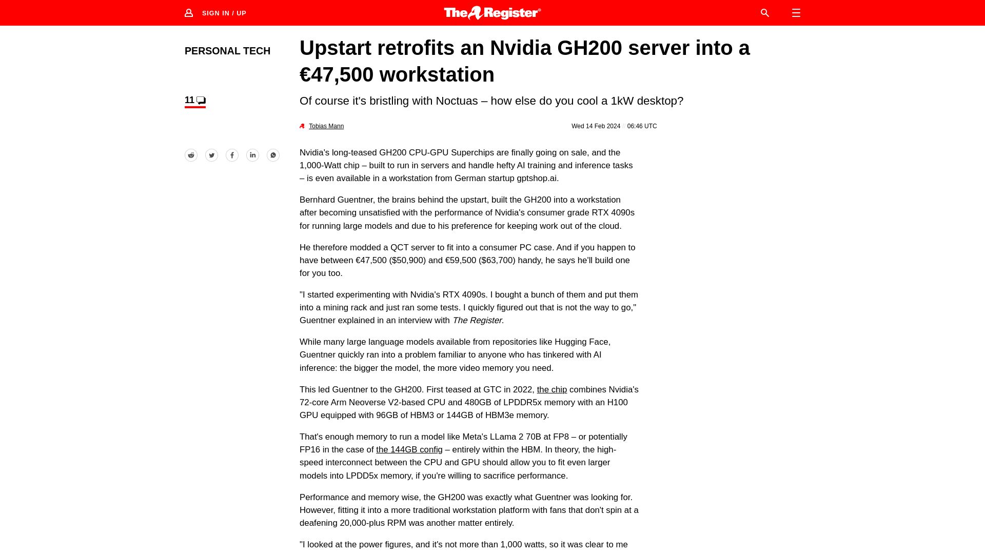 Screenshot of theregister.com: Upstart retrofits an Nvidia GH200 server into a workstation
