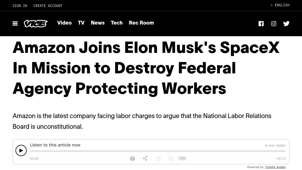 Screenshot of vice.com: Amazon Joins SpaceX in Mission to Destroy NLRB