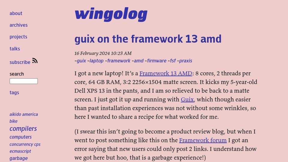 Screenshot of wingolog.org: Guix on the Framework 13 AMD