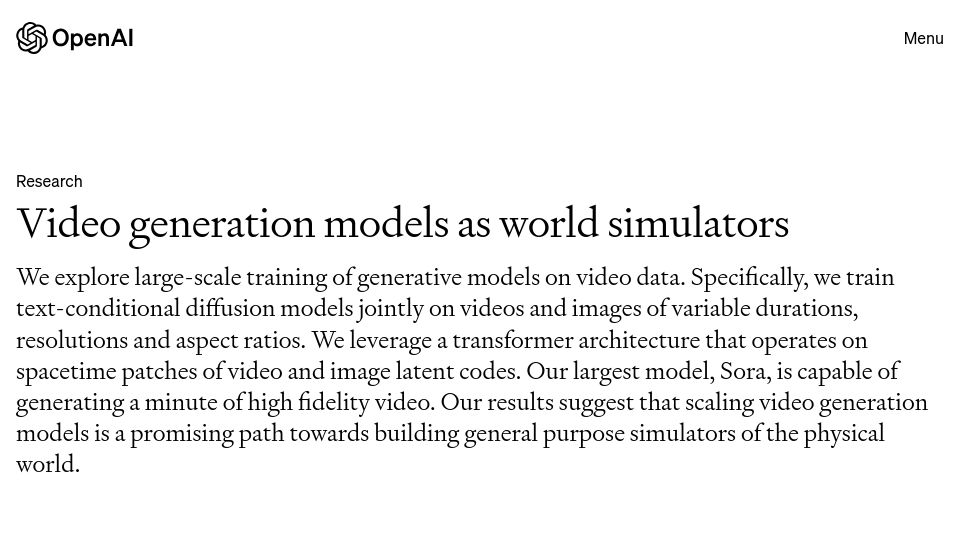 Screenshot of openai.com: Video generation models as world simulators