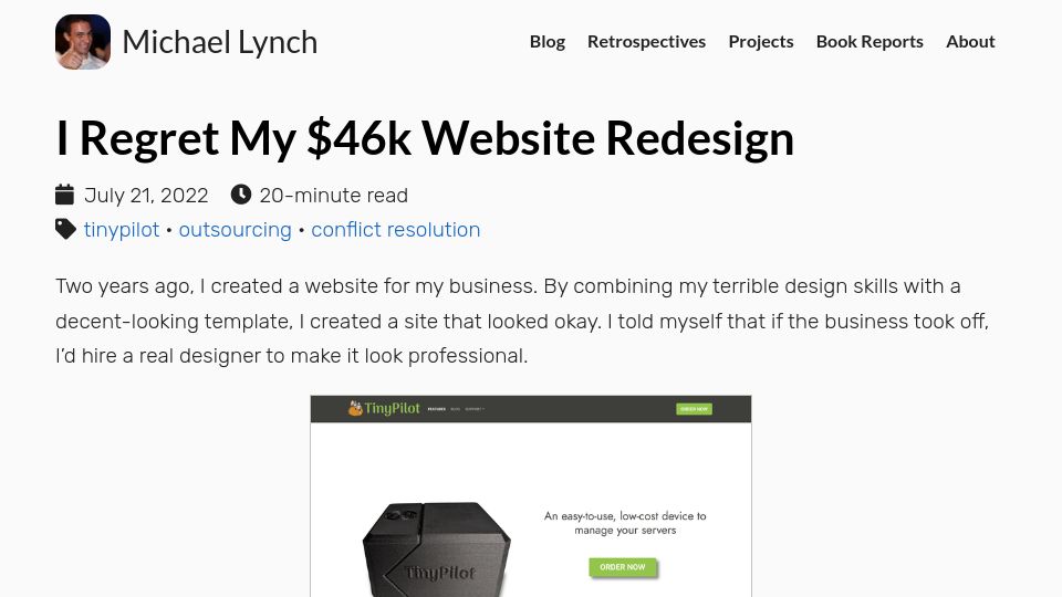 Screenshot of mtlynch.io: I Regret My $46k Website Redesign