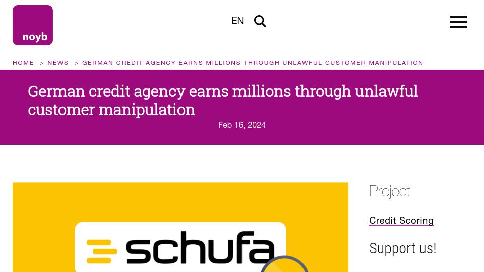 Screenshot of noyb.eu: German credit agency earns millions through unlawful customer manipulation