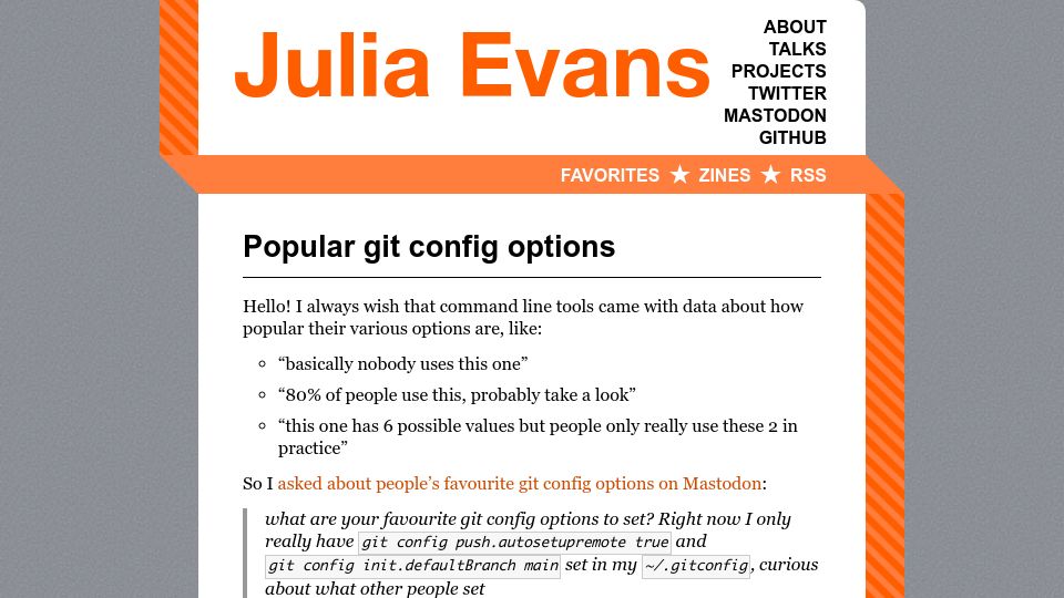 Screenshot of jvns.ca: Popular Git config options