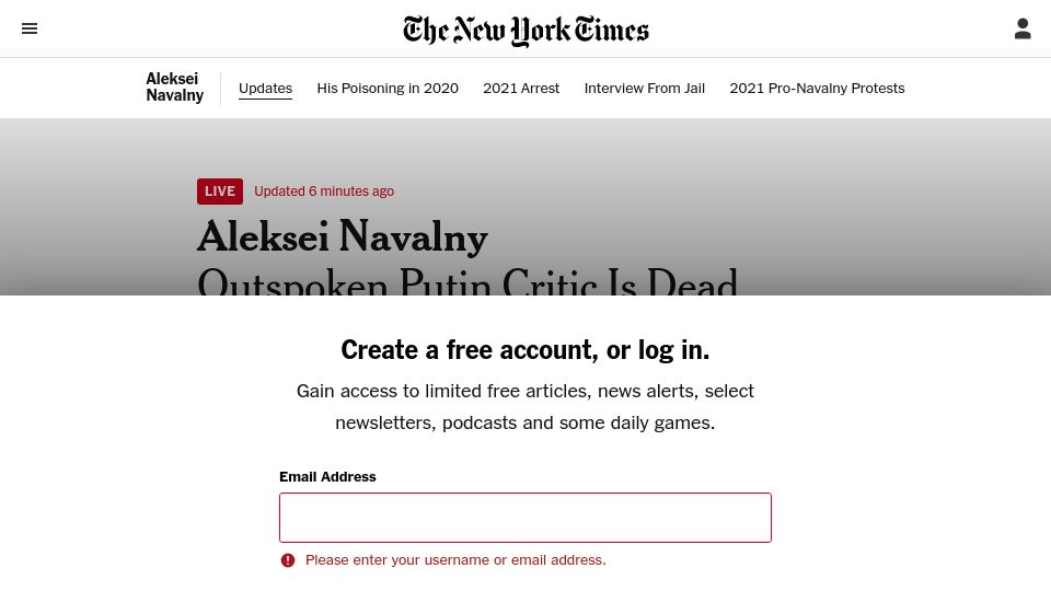 Screenshot of nytimes.com: Aleksei Navalny has died, according to Russian authorities